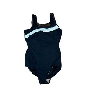 70s 80s Vintage Robby Len Black Swimsuit, sheer neckline, 16W